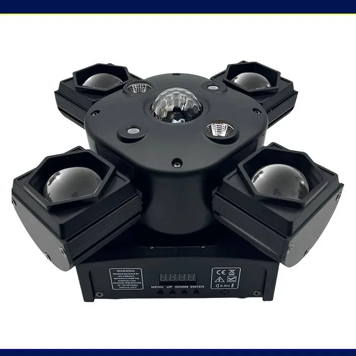 

Четырехрукий световой прибор с маленькими золотыми стальными элементами, вращающейся головкой, жесткой стойкой, светодиодным стробоскопом типа «осиний глаз» для танцевальных сцен.