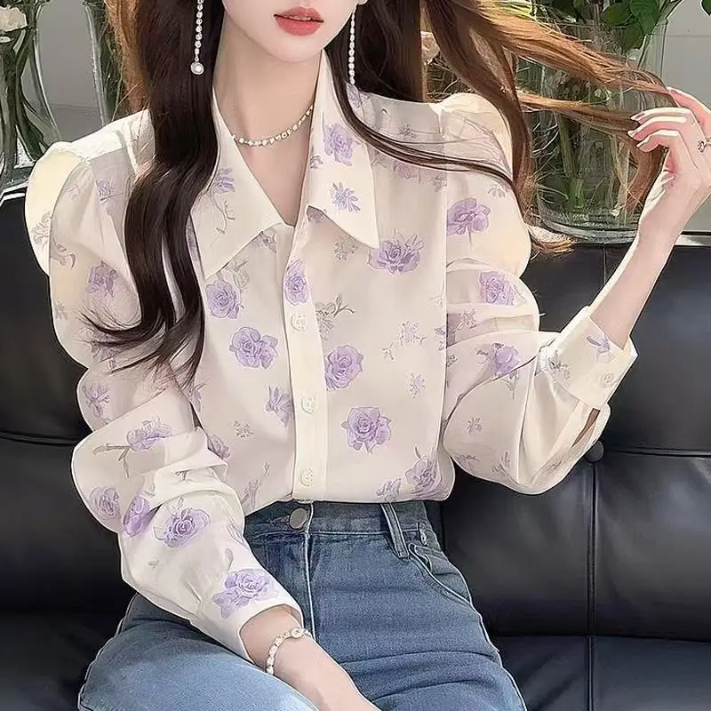 Purple Floral Print French New 2025 Spring Autumn Chiffon Blouse Women Shirts Long Sleeve Button Up Shirt Korean Fashion Tops