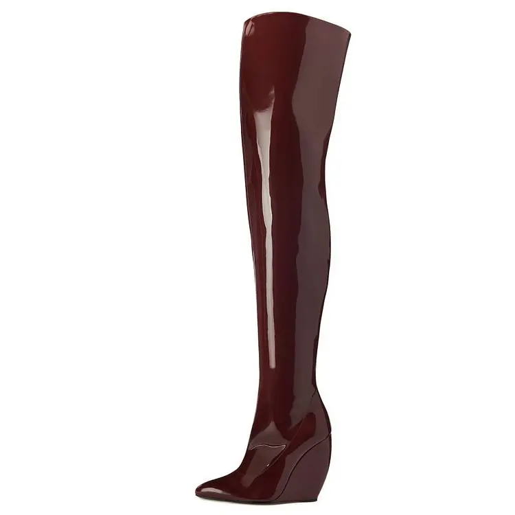 Patent Leather Pointed Toe Wedge Thigh High Boots Fitting In Women Winter Fashion Casual Over The Knee Booties Sexy