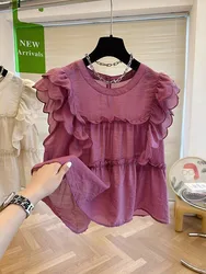 Women Petal Edge Chic Purple Blouse Loose Off Shoulder O-neck Solid Color Puff Sleeve Loose Tops Shirt