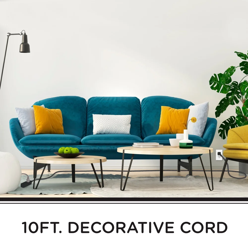 10ft Braided Extension Cord 3 Outlets Surge Protection Flat Plug Durable Fabric Cover Home Office Décor Power Strip