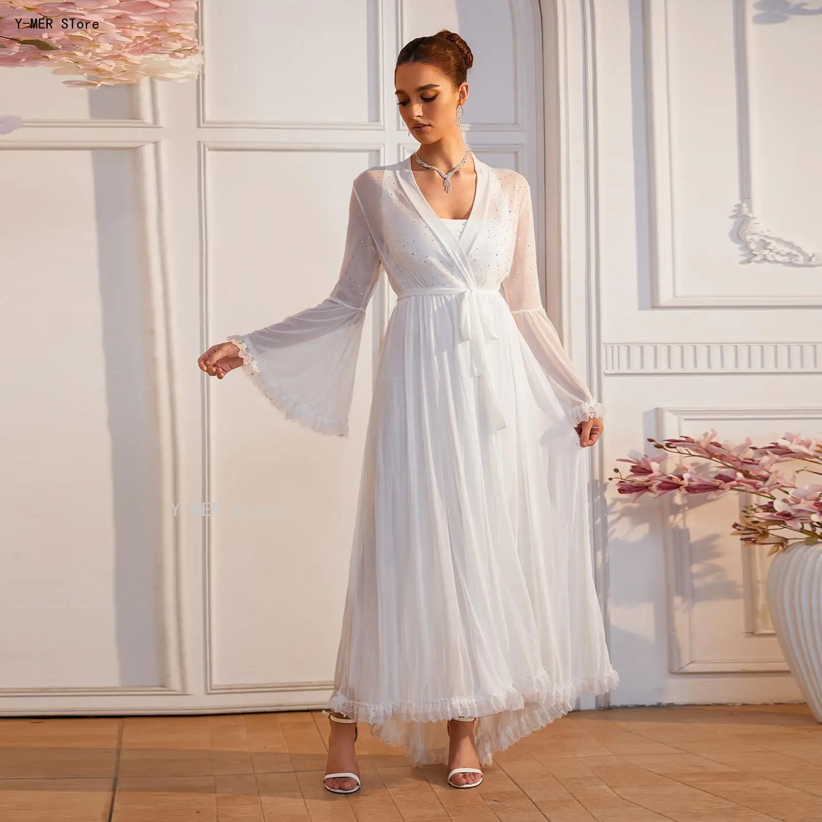 Wedding Morning Gown Outerwear Women Elegant Rhinestone Tulle Bridal Robe Ruffle Trim Beaded Cuff Long Tie Waist Loungewear