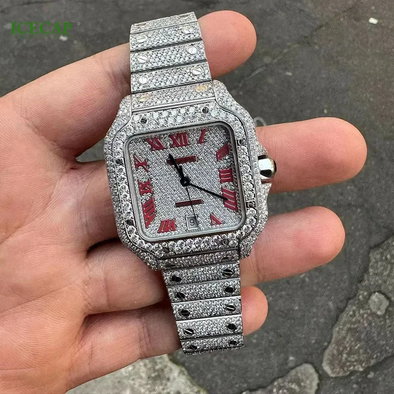 2023 New Barrel Type High Quality Men Pass The Diamond Test VVS Mossanite Diamond Fashion Hollow Automatic Mechanical Watch