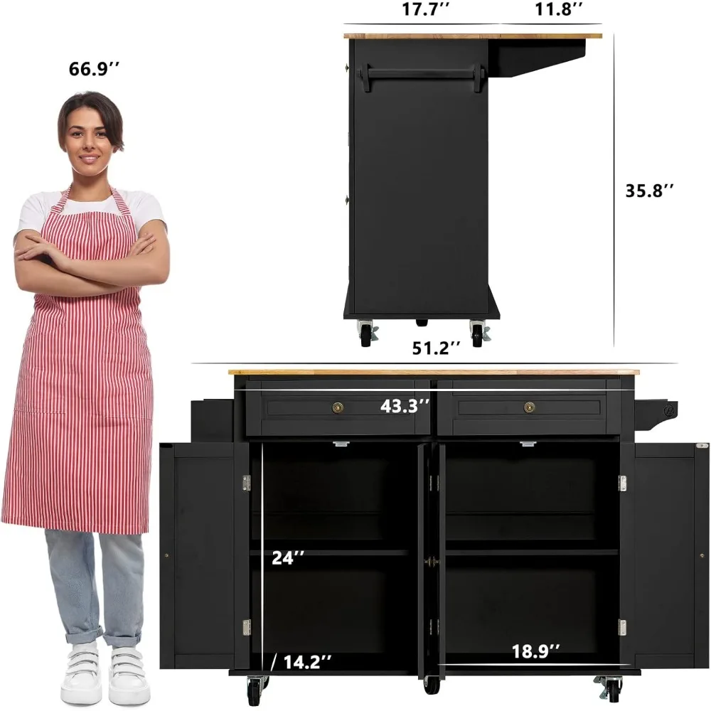 Rolling kitchen Island with fallen leaves - Kitchen cart storage cabinet, rubberwood top and rack and drawers, black