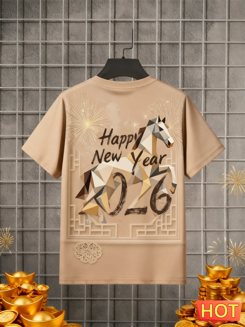 

Модная футболка с буквенным принтом «С Новым годом 2026» Модная мужская и женская футболка с коротким рукавом и 3D принтом Повседневные футболки большого размера