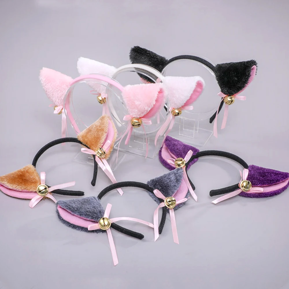 Black Pink Color Cat Ears Headband Women Girl Plush Kitten Ear Hairband With Bells Easter Party Cosplay Hair Hoop Headpiece