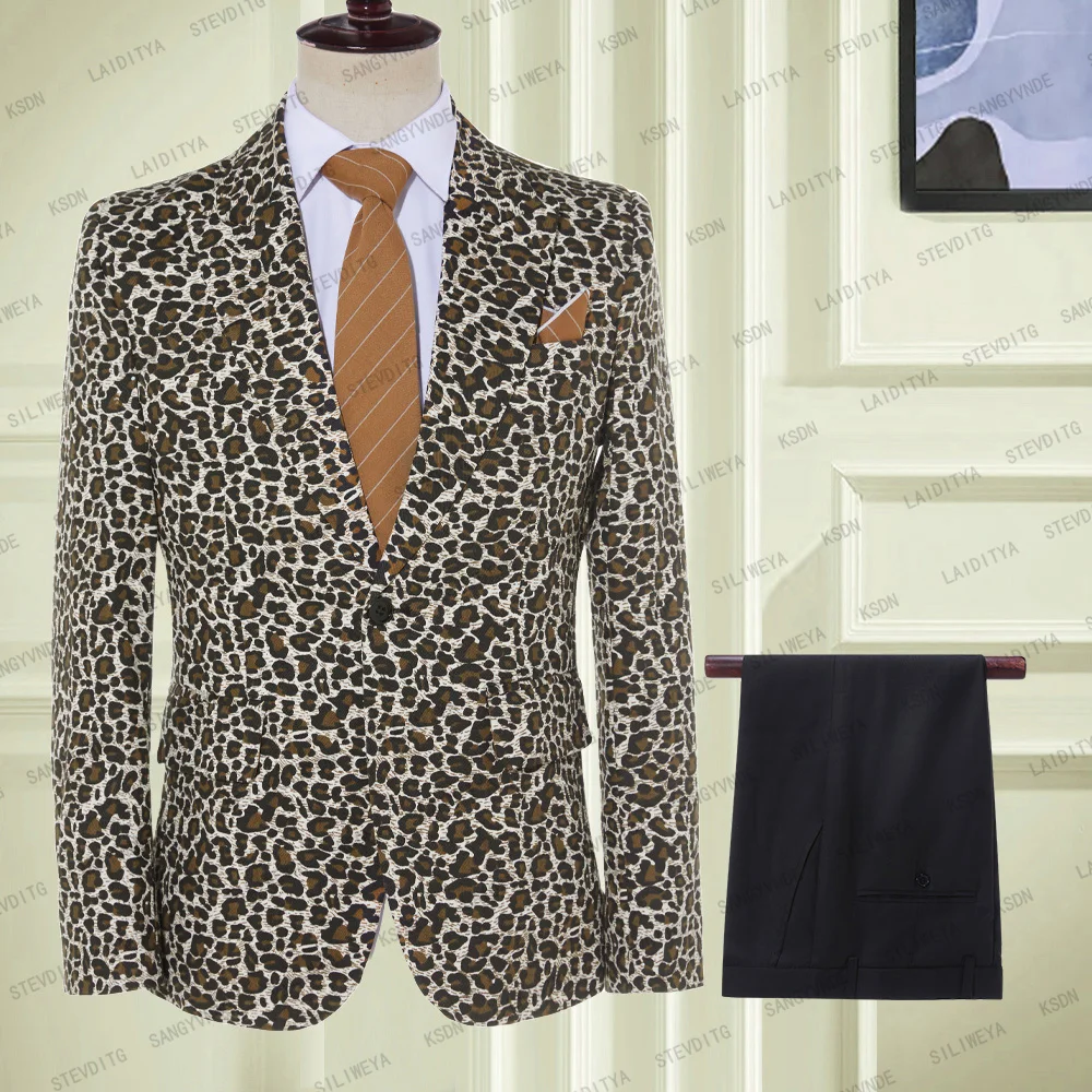 

2023 Leopard Suits Men Slim Fit Casual Daily Single Breasted Design Latest Smoking Groom Blazer 2 Pieces Coat+Pants