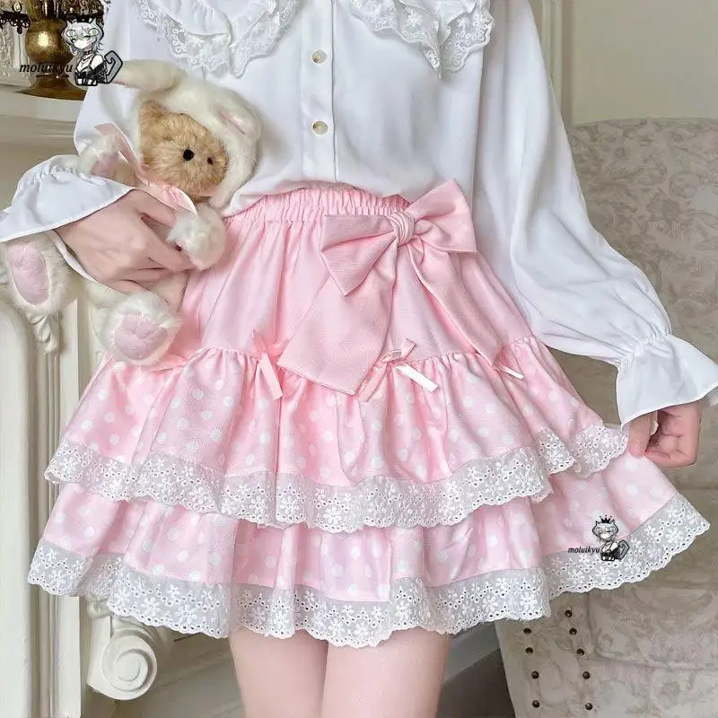 

Kawaii Bow Cake Skirt Women High Waist Cute Dot Sweet Lace Mini Skirts Fashion Casual Japan Female Solid Summer A Line Skirt New