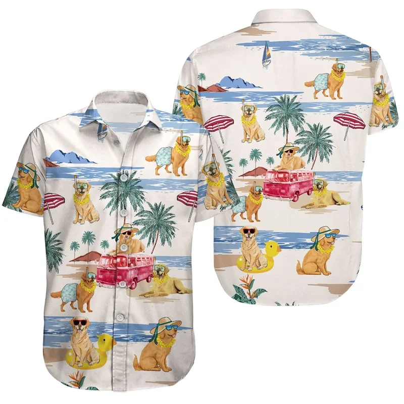 Camisa de dachshund havaiana estampada em 3D masculina, casual de botão, camiseta de praia de surf, camiseta extragrande, verão