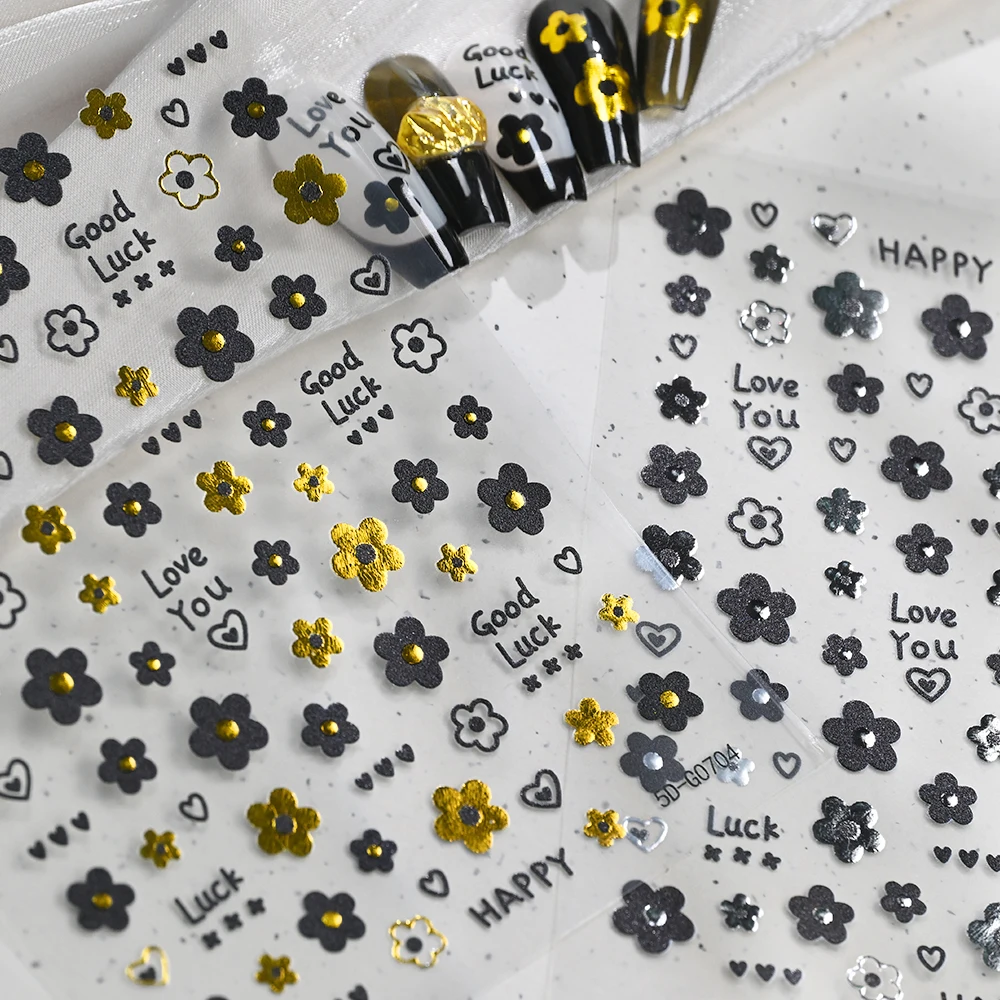 

2Pcs 5D Black White 5-Petal Flower Nail Stickers Cute Small Flowers Letter Nail Art Decals Y2K Bronzing Floral Manicure Sliders