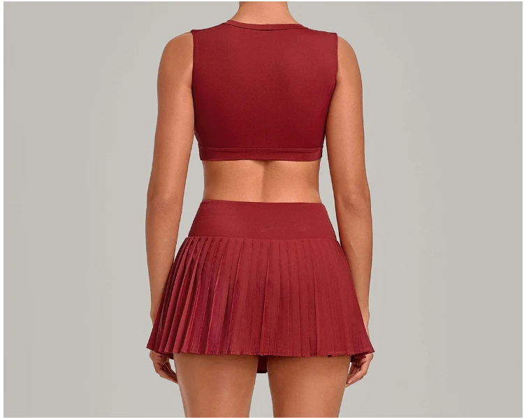 VITALINOVO Tennisrock-Sets für Damen, Rundhals-Camisole-Oberteil, passend dazu hochtaillierter, plissierter Sportrock für Damen, ideal für Tennis, Golf und Workouts – Detail 5
