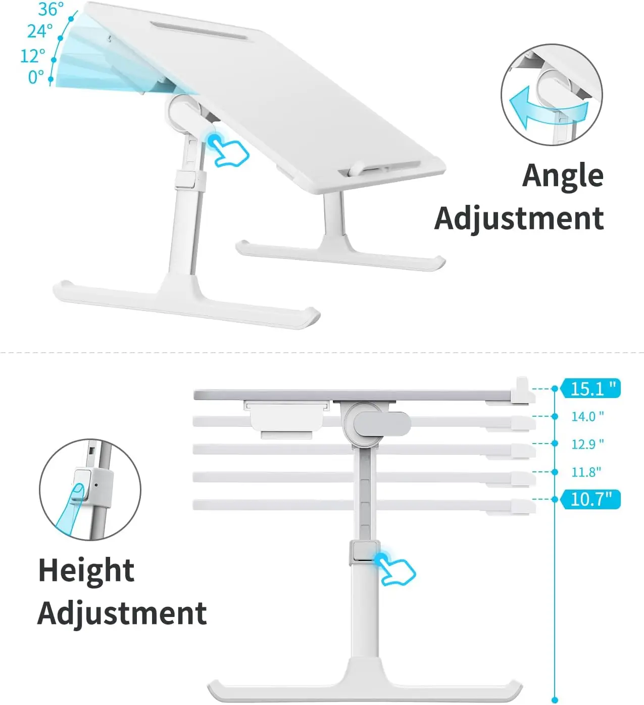 طاولة سرير للكمبيوتر المحمول قابلة للتعديل وقابلة للطي مع درج تخزين للعمل والأكل والألعاب باللون الأبيض مقاس X-Large