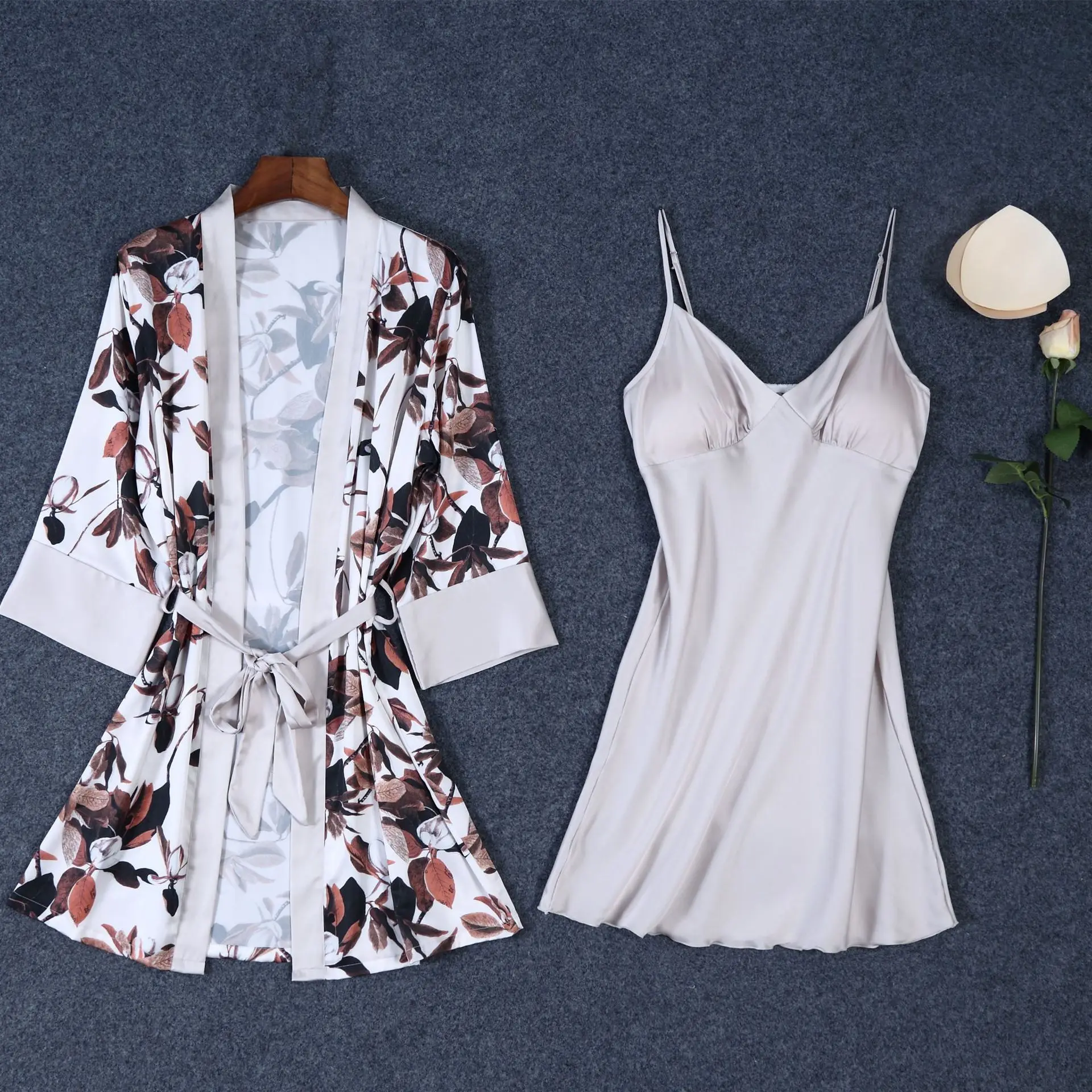 Sexy Ice Silk Sleep Dress Nightgown Printing Flowers Cardigan Kimono 2Pcs Sleep Suit Robe V Neck Homedress Home Clothing