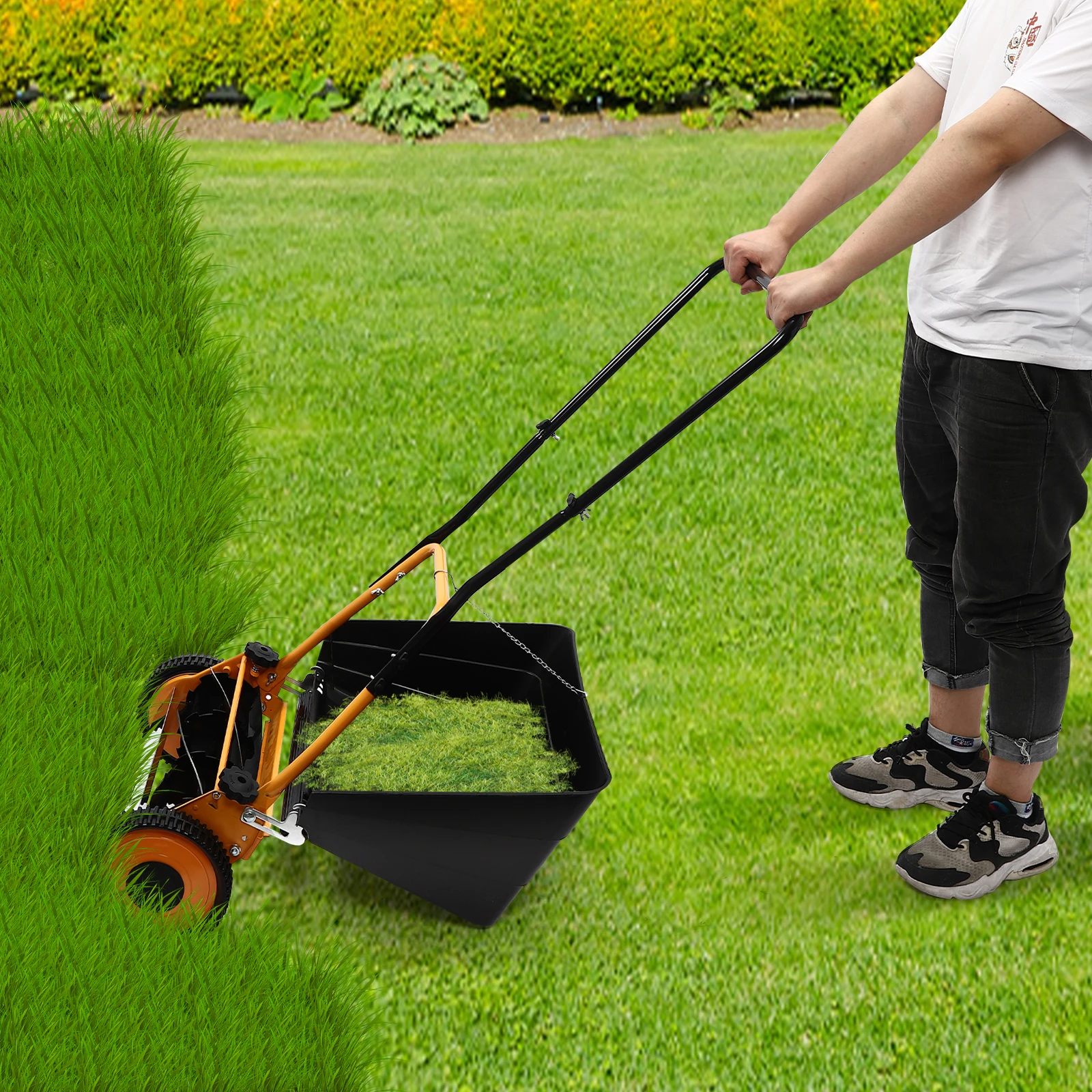 16 Inch Hand Push Lawn Mower, Manual Wheeled Lawn Mower with 2-in-1 Grass Catching Function, Adjustable Cutting Height 0.47-1.65in for Backyard Garden