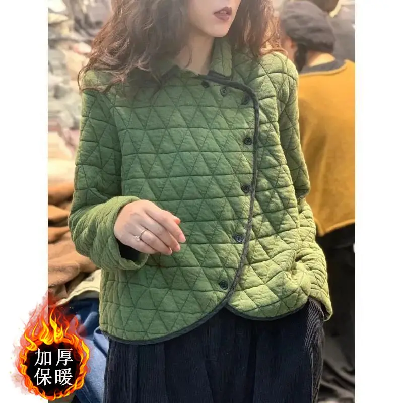 

2026 female Retro contrasting color cut grid cotton jacket for women in winter, loose and slimming, thick and warm cotton jacket