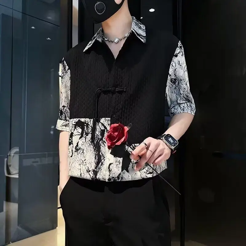 

Elegant Ice Silk Short Sleeve Casual Dandy Tie-Dye Patchwork Shirt Men's Summer Top