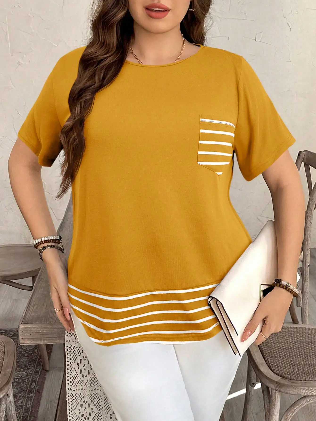 

Mustard Yellow Plus Size Striped Pocket Casual T-Shirt Loose Fit
