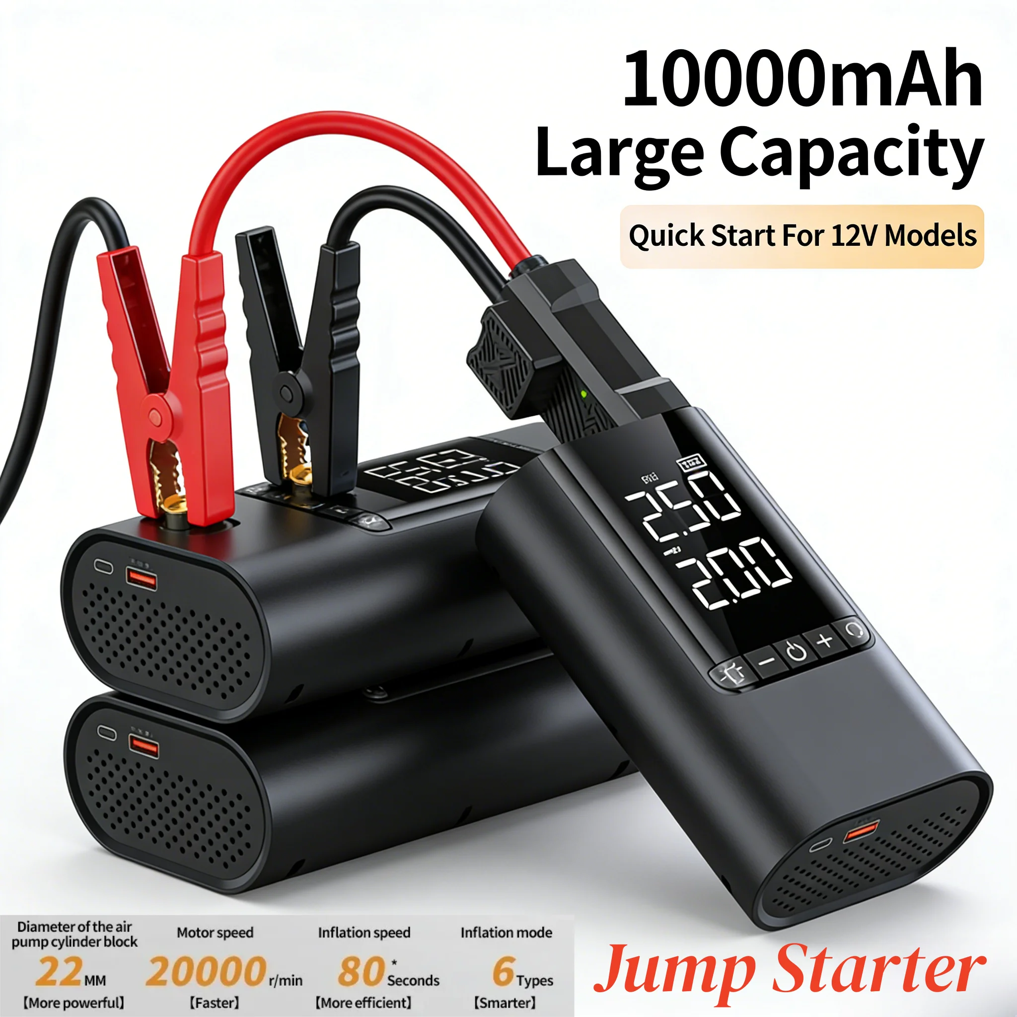 Arrancador de Baterías de Coche de 12V y 10000mAh con Compresor de Aire de 150PSI, Inflador de Neumáticos Portátil para Vehículos