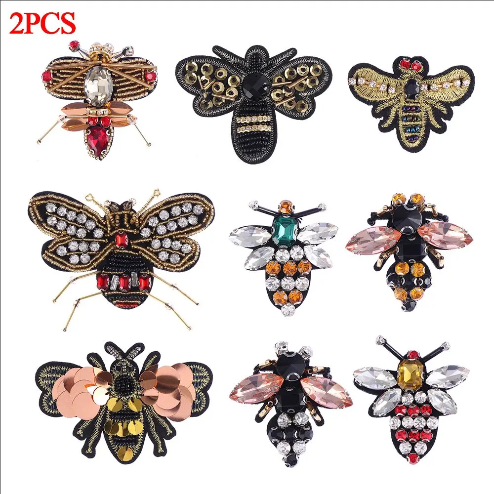 2 uds bordado hecho a mano ropa costura y tela con cuentas insignia de abeja coser en parche parches de lentejuelas apliques de cristal