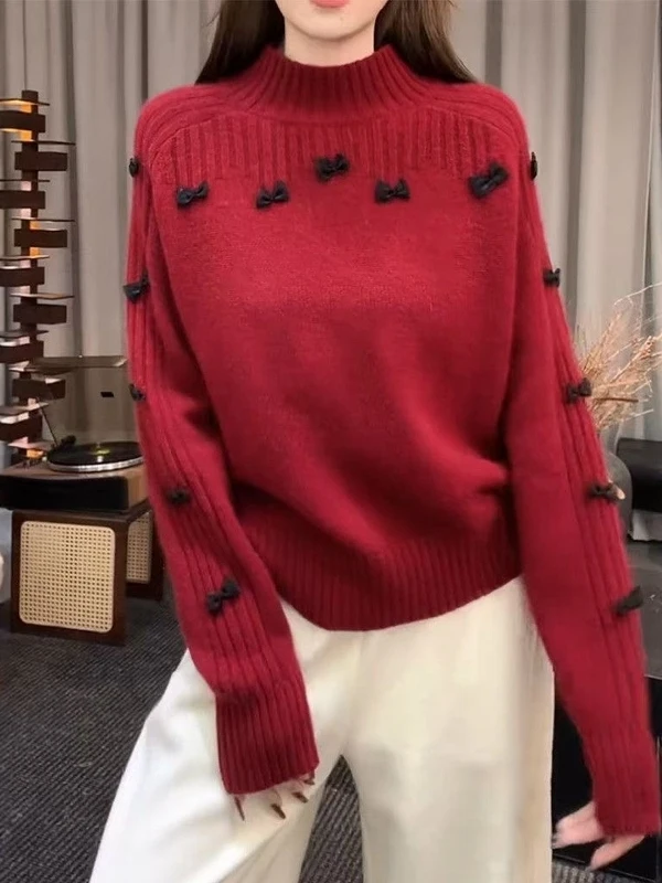 

Red New Year Knot High Collar Women's Knitted Sweater Autumn Winter Luy Year Overhead Soft Young Looking Top