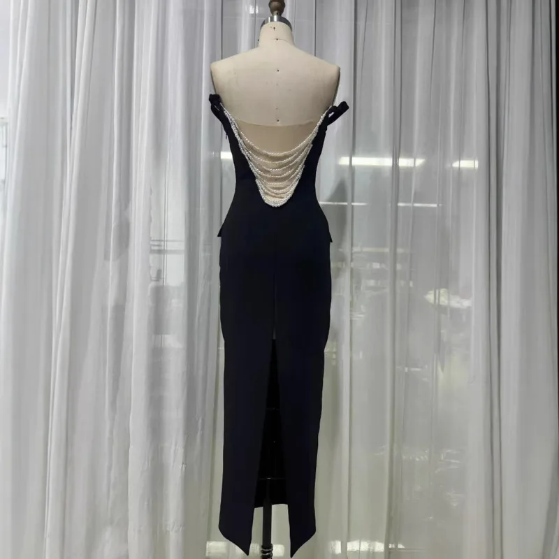 Mujer Otoño Invierno elegante negro perla espalda descubierta fuera del hombro vestido sin mangas fiesta graduación banquete Sexy vestido largo