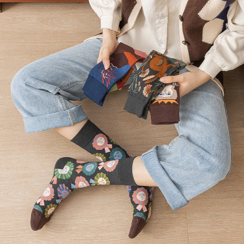 1Pack/4 Pair Woman Man Autumn Winter Socks Soft Cotton Artistic Couple Socks Famous Oil Painting Series Long Socks with Box Gift