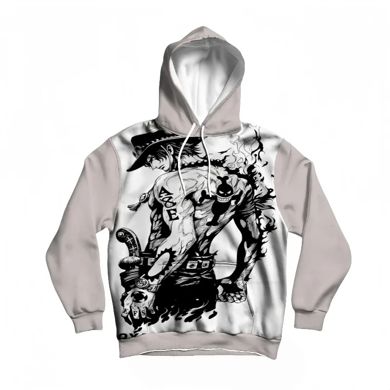 

Mens Autumn Winter One Piece Hoodie Portgas D. Ace Stylish Print High Definition Anime Design Warm Pullover for Daily & Cosplay
