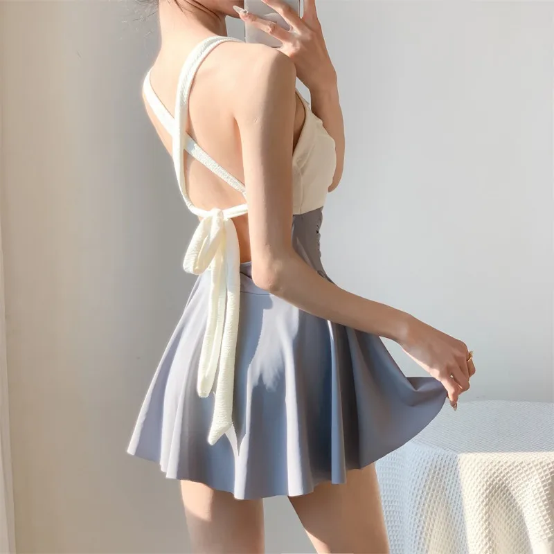 Korean Fashion One Piece Swimsuit Women High Waist Sexy Backless Ballet Style Skirt Swimwear Summer Beach Holiday Bathing Suit