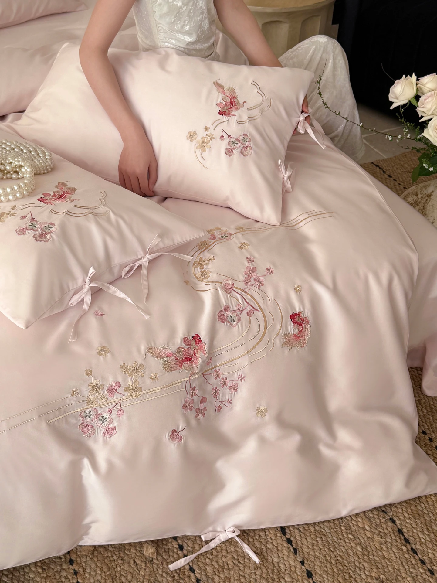 

Romantic Koi Fi Embroidery Pure Cotton Long Staple Cotton Bedding Set Fre l Skin-friendly Sp Well Duvet Cover eet