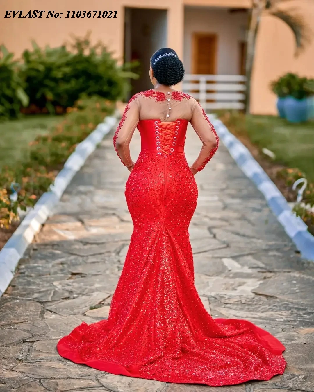 EVLAST Customized African Red Prom Dress Sheer Long Sleeves Beaded Lace Formal Occasion Dress Asoebi Wedding Party Gown P166