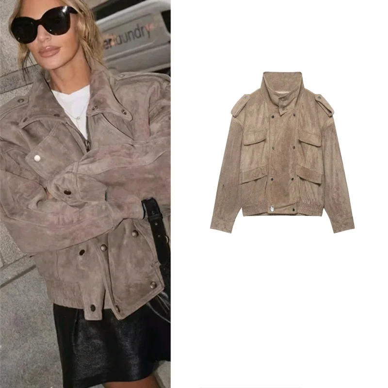 

Новинка Весна-Лето: Женская повседневная укороченная куртка с эластичным низом, воротником-стойкой, длинными рукавами и двойными пуговицами