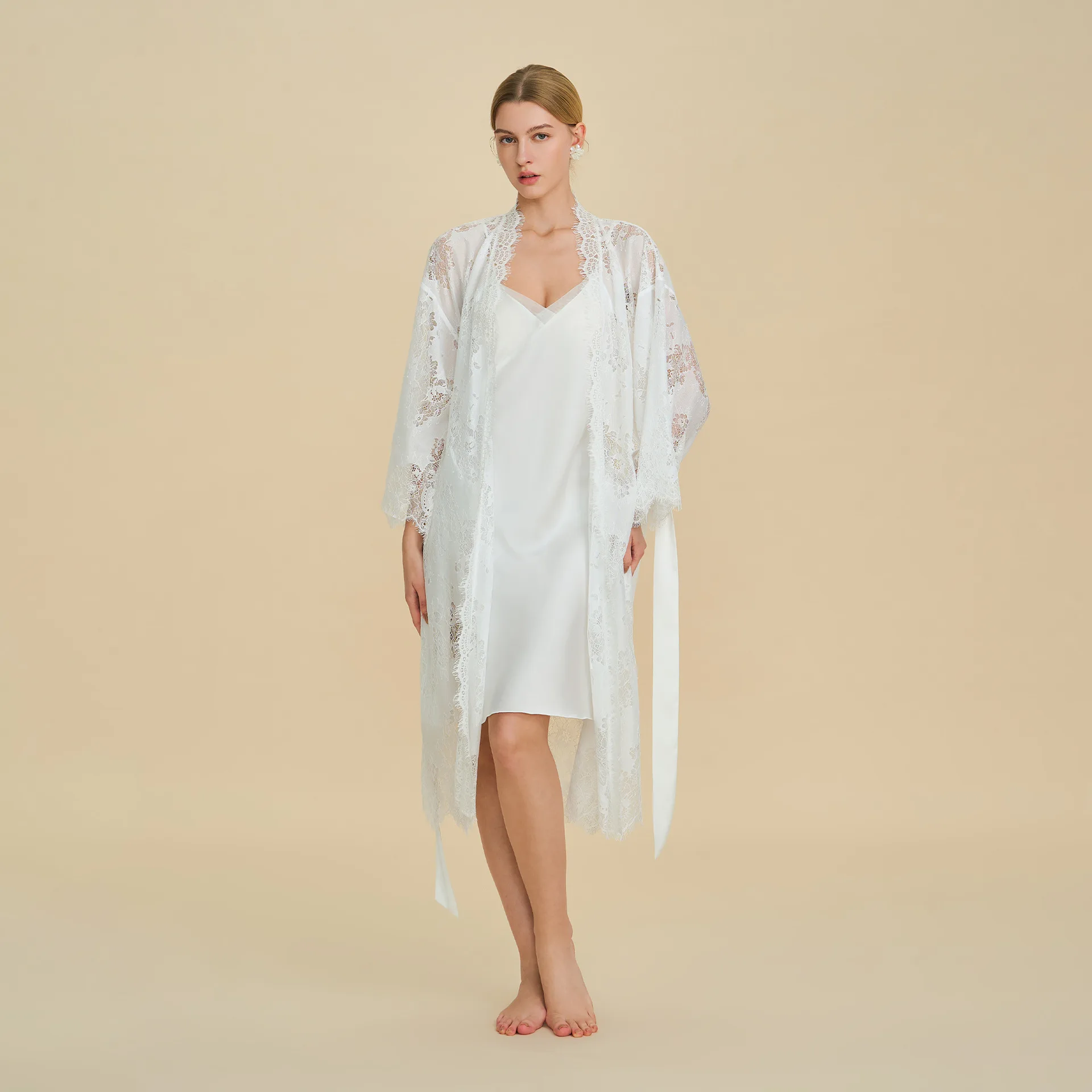 

Роскошный французский кимоно-халат для невесты, свадебное платье, сексуальный кружевной халат из сетки, атласная ночная рубашка, длинная ночнушка для сна