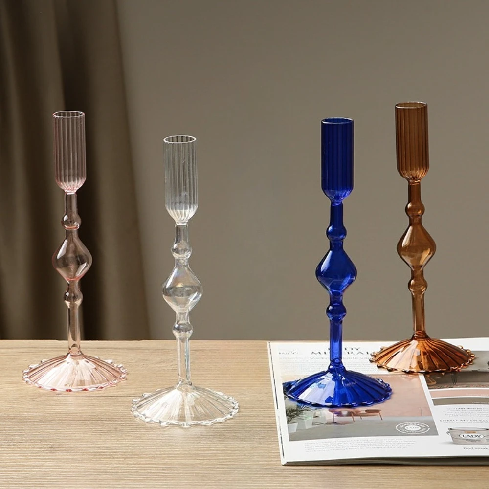 Vintage Glass Candle Holder Ribbed Glass Craft French Style Living Room Party Desktop Centerpiece Ornament