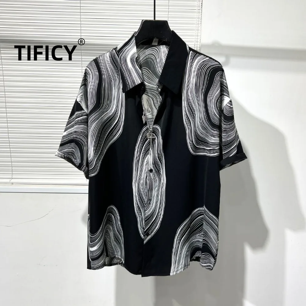 High Street Summer Thin Irregular Ink Print Loose Drape Cool and Stylish Shirt Men's Print Casual Loose Shirt Tops
