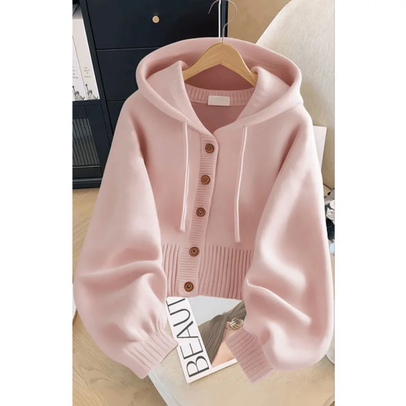

Women's Spring Autumn Loose Gentle Knitted Open Cardigan Korean Style Lazy Fashion Pink Soft Cozy Hooded Knitwear Outerwear