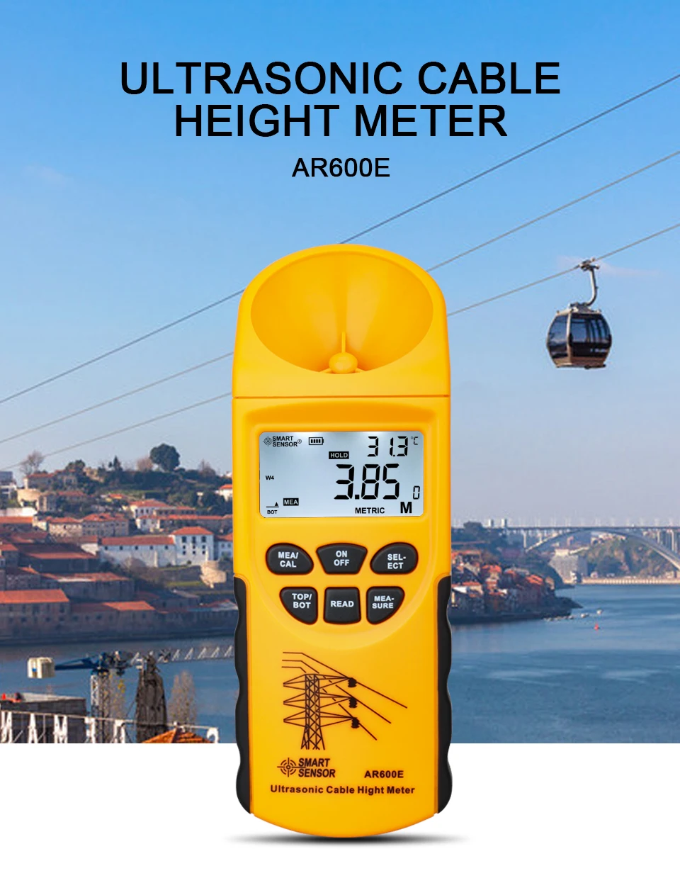SMART SENSOR AR600E Ultrasonic Cable Height Meter 6 Cables Measurement LCD Display Height measuring instrument