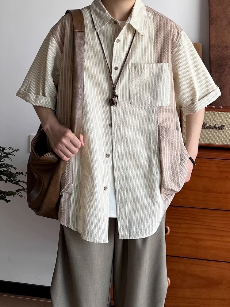 

Ретро-рубашка в полоску с пэчворком, повседневная, свободного кроя, мужская, летняя, дышащая, стандартной длины, на пуговицах, молодежная, модная.