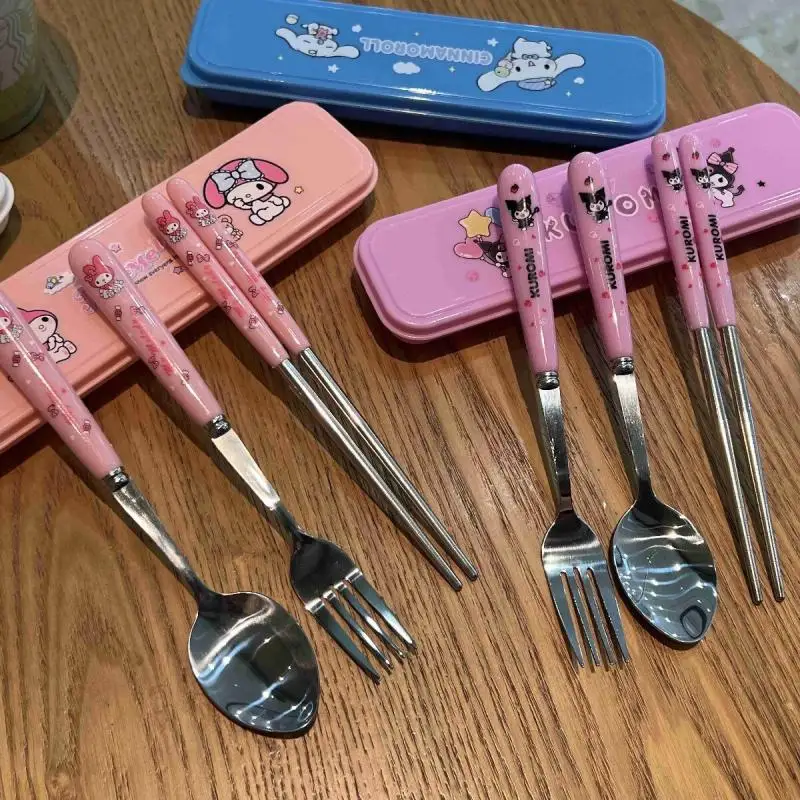 

3Pcs Kawaii Kuromi Hello Kitty Anime Chopsticks Spoon Fork Set Cute My Melody Cinnamoroll Portable Tableware Storage Box Gifts