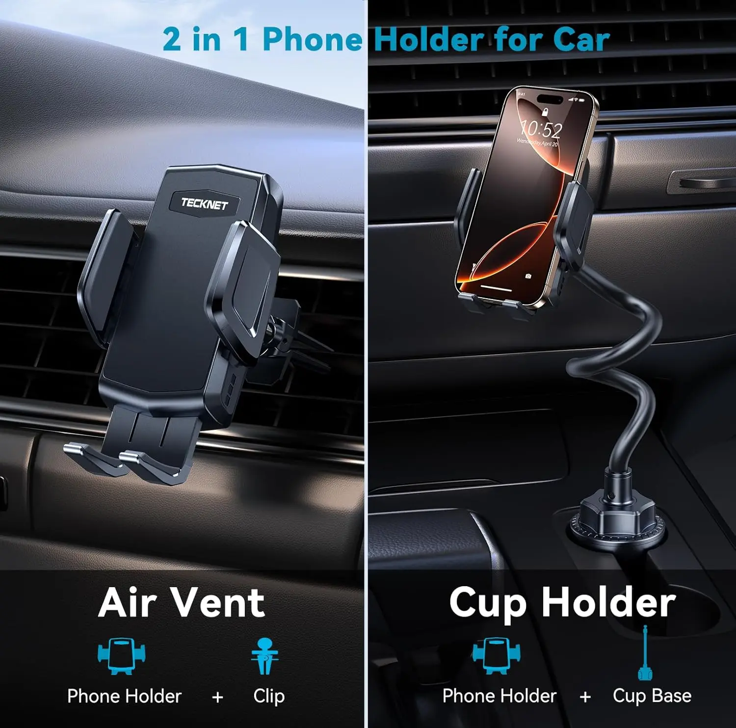 Suporte de telefone pescoço de ganso ajustável para carro - suporte de ventilação de ar com base expansível, adequado para iPhone 17/16 Pro Max e todos os telefones