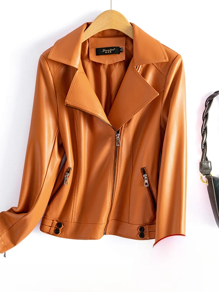 Giacca in Vera Pelle Haining da Donna, Modello Slim Fit, Taglie Grandi, in Pelle di Pecora, Nuovo Arrivo Primavera Autunno con Cerniera