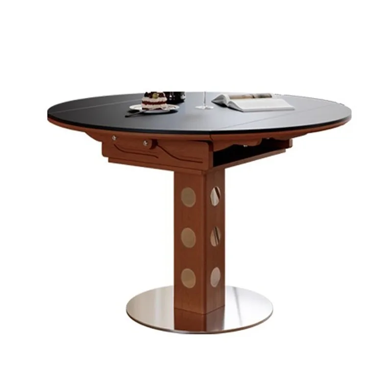 

French medieval rock slab dining table retractable household solid wood square and round variable table