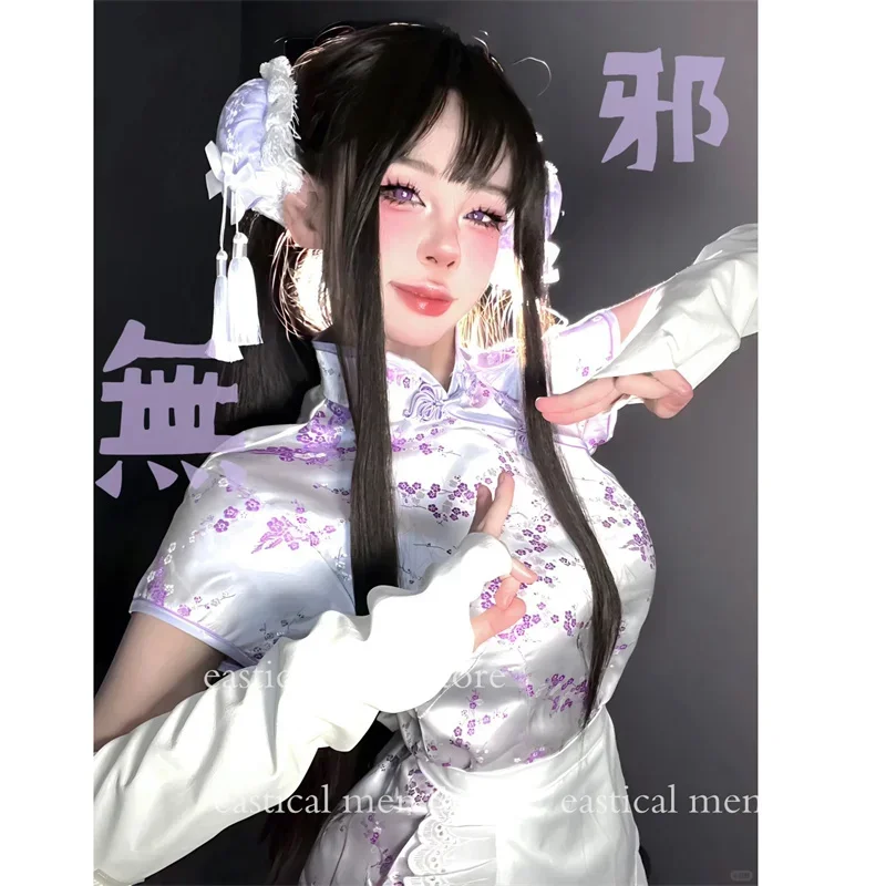 Retro Button Down Vestidos Jacquard Cheongsam Chinese Style Costume Lolita Cosplay Dress Short Qipao casual Dresses Big Size 6Xl