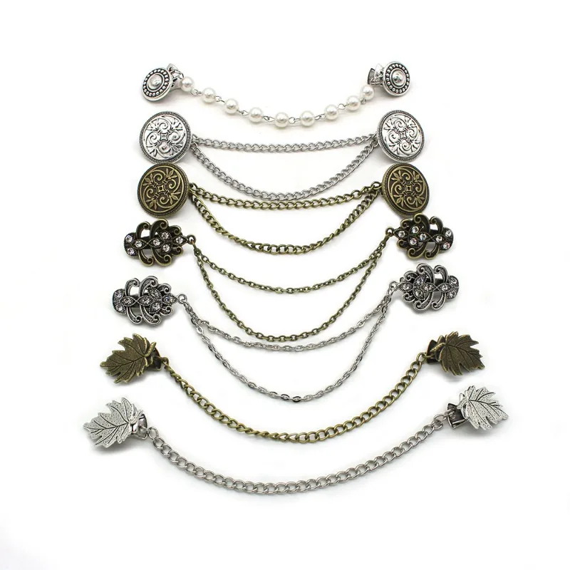 Vintage Flower Chain Cardigan Clip Retro Tassel Buckles Cloak Shirt Collar Brooch Pin for Men Women Jewelry Clothing Accessories