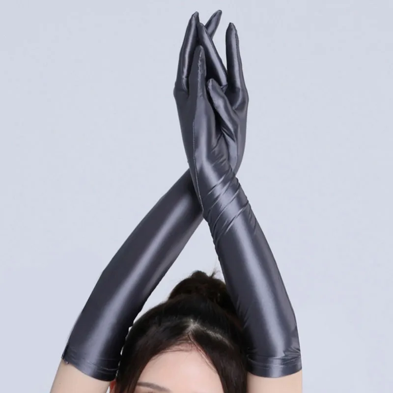 Sexy Black Elastic Oily Shiny Silk Smooth Bridal Gloves Women Summer Sunscreen Glove Pole Dancing Personality Stage Performance