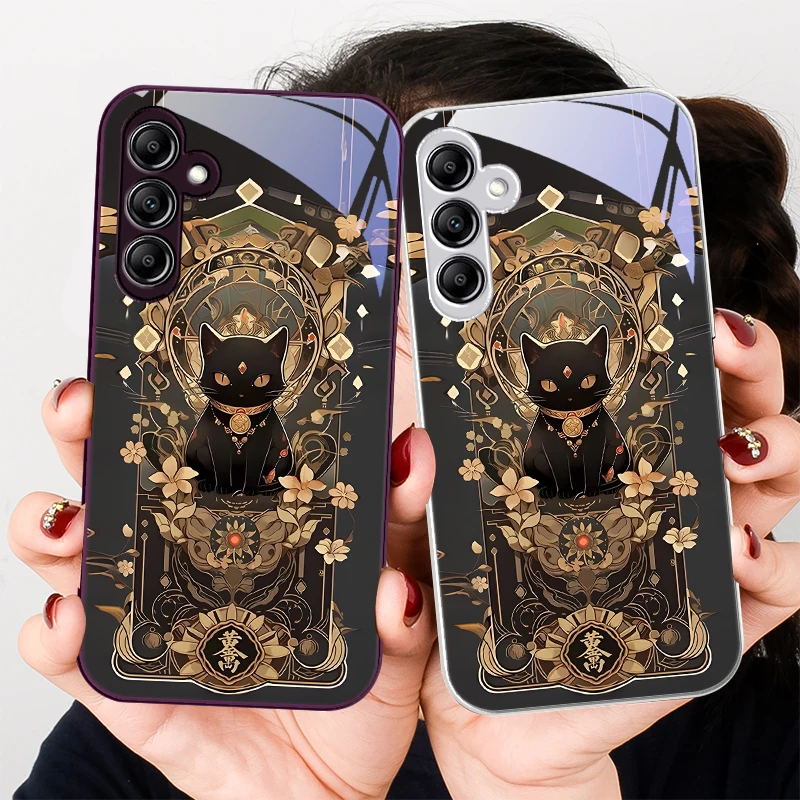 Lucky Black Cat Gold for Samsung Galaxy A01 02 03 Core A04 A14 4G A13 54 34 31 20 25 23 22 5G S21 Ultra S20 glass phone case