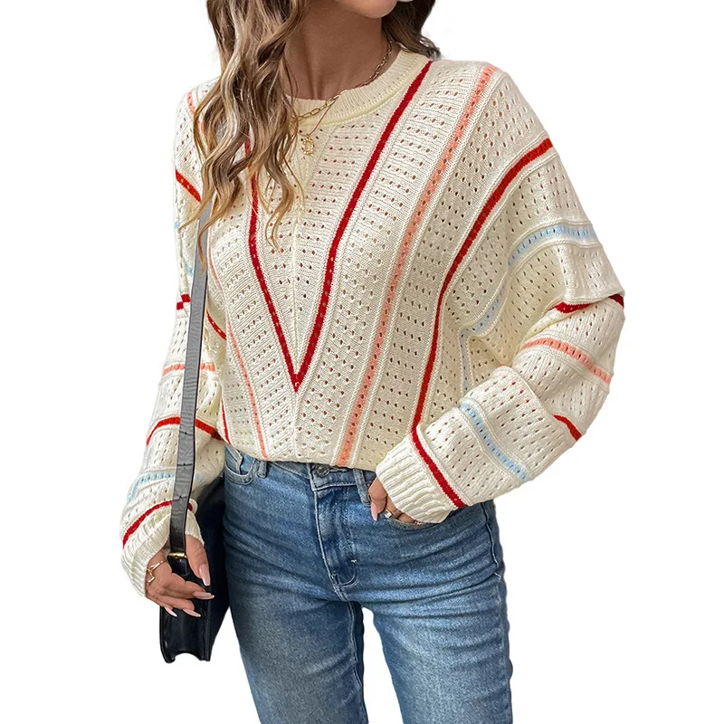 

New V-Stripe Pattern Openwork Sweater