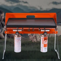 Outdoor Portable Gas Stove, Gas BBQ Grill, Double Burners Grill, with Griddle, Iron Plates