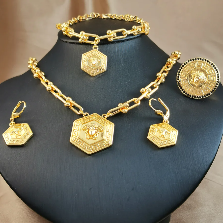 9999 Gold Medusa Pattern Jewelry Set  Hexagonal Pendant Necklace, Earrings, Bracelet, and Ring Quartet