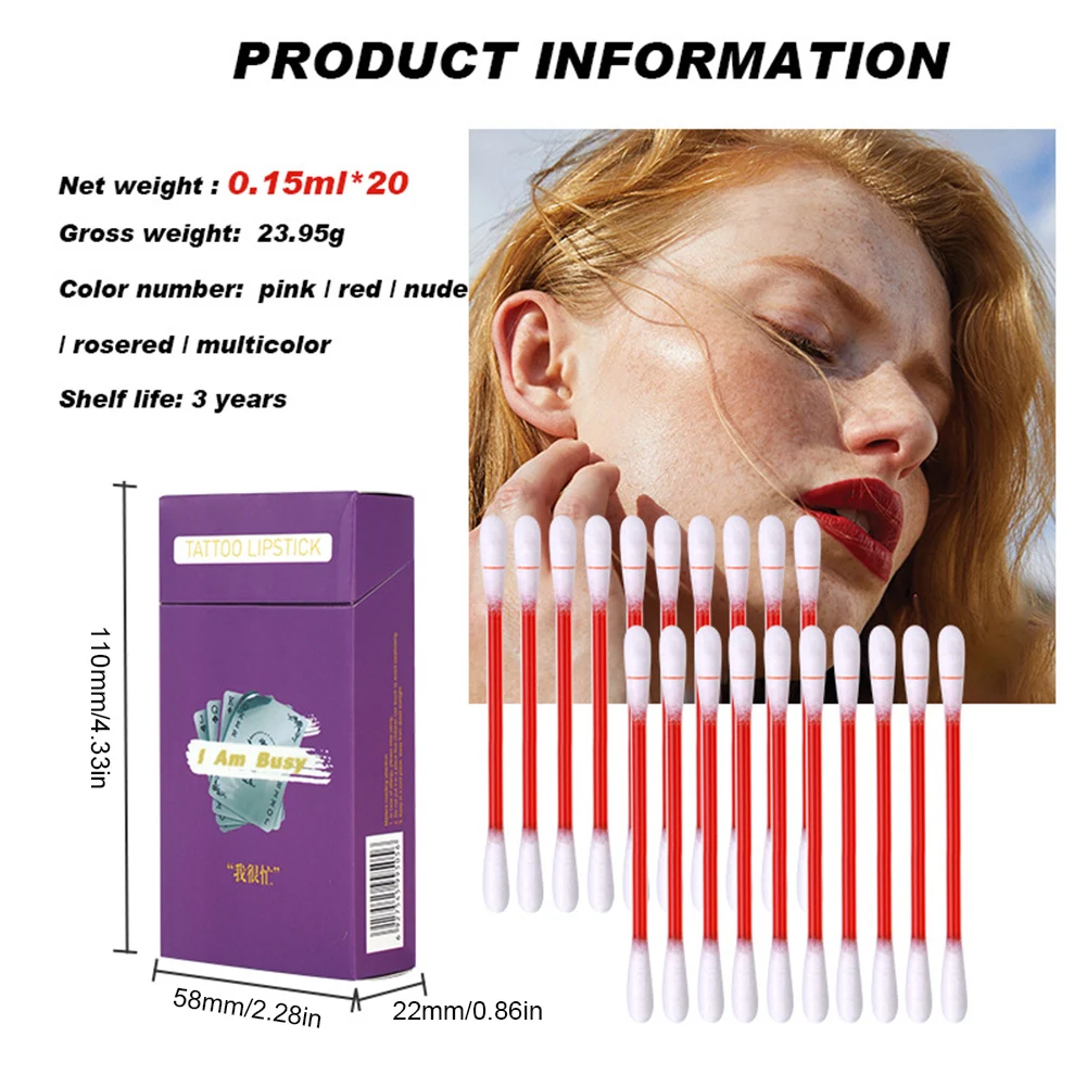 20pcs Disposable Cotton Swab Lipsticks Set Waterproof Non-Sticky Tattoo Cigarette Lipgloss Long Lasting Lips Stain Cosmetic kit