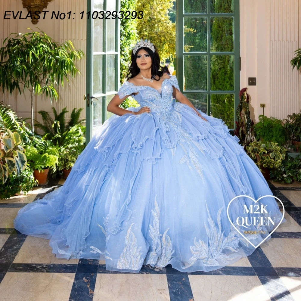 

EVLAST Customized Princess Blue Quinceanera Dress Ball Gown Lace Applique Beading Tiered Sweet 16 Vestidos De 15 Anos E1QN728